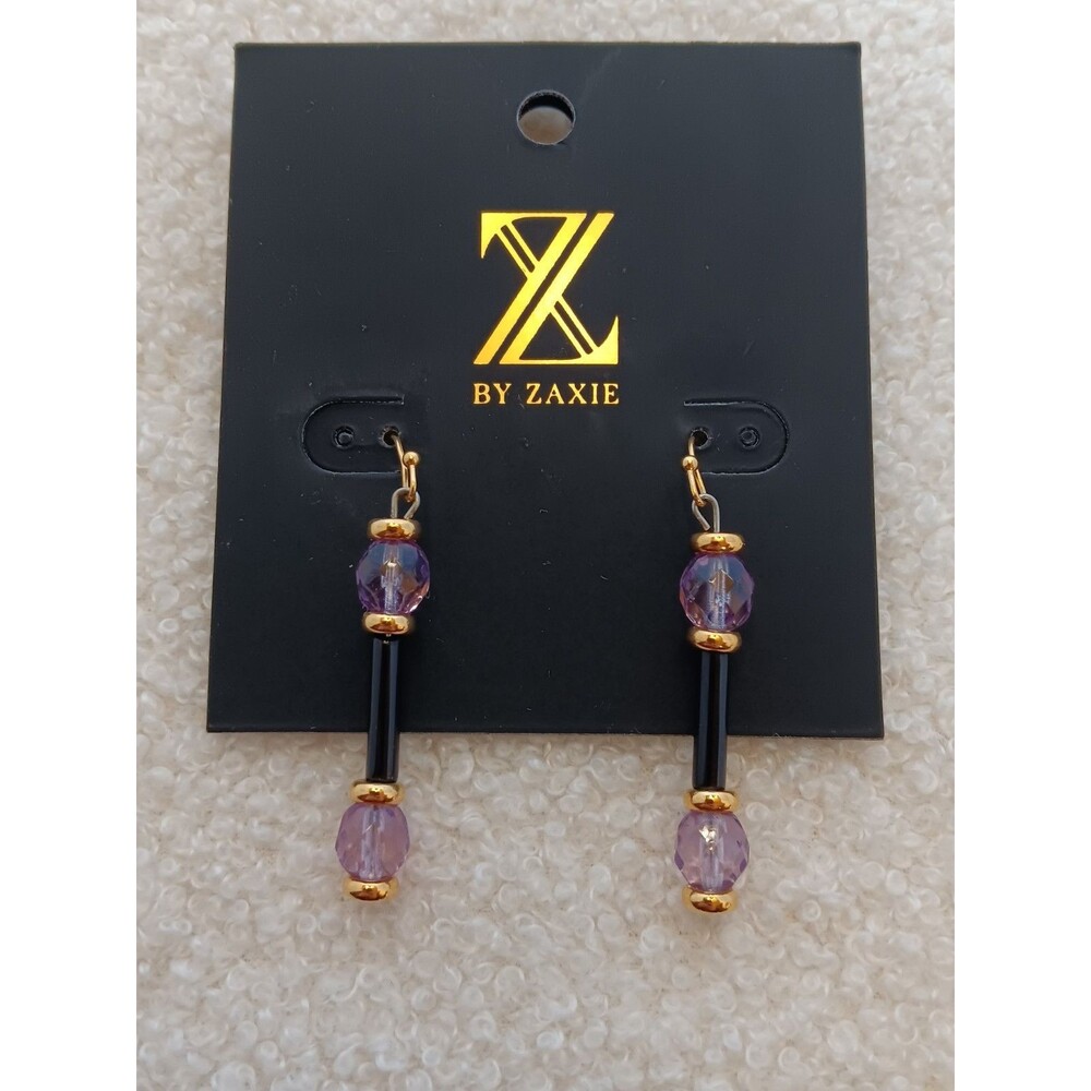 Zaxie Goldtone Purple Faceted & Black Tube Glass Bead Dangle Earrings 2 1/4" NWT